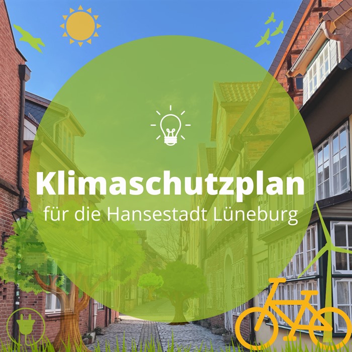 Bild von Häusern in der Altstadt - Symbole: Sonne, Vögel, Bäume, Fahrrad, Windkraftanlage